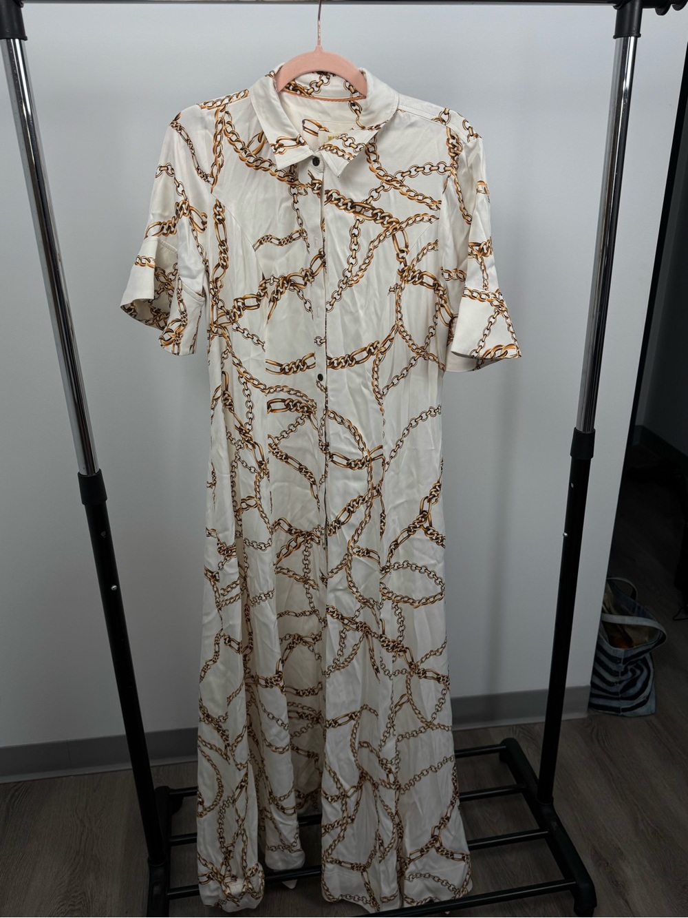Anthropologie Cream Dress with Gold Chain Print